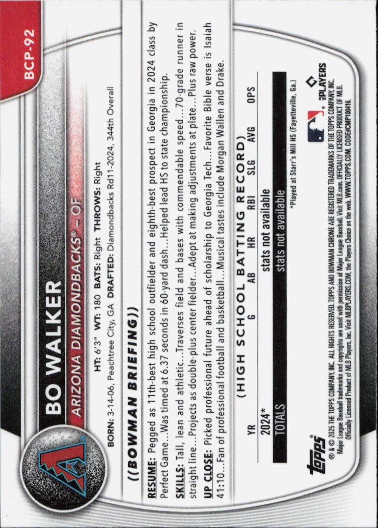2025 Bowman #BCP-92 Bo Walker Chrome Prospects