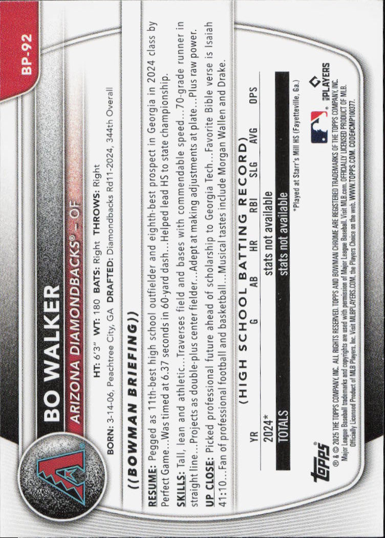 2025 Bowman #BP-92 Bo Walker Prospects