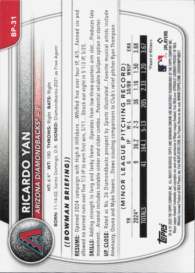 2025 Bowman #BP-31 Ricardo Yan Prospects