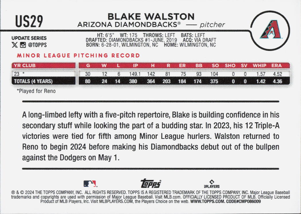 2024 Topps Update #US29 Blake Walston
