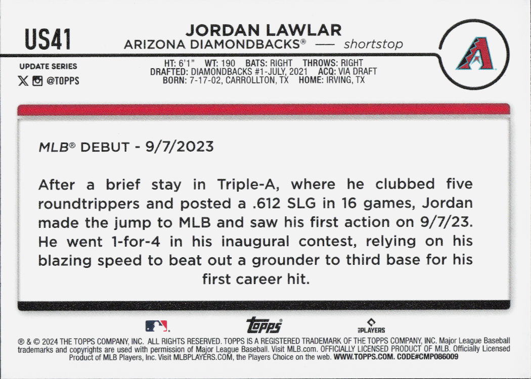 2024 Topps Update #US41 Jordan Lawlar