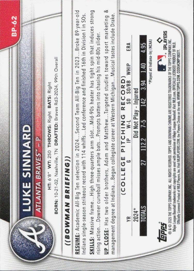 2025 Bowman #BP-62 Luke Sinnard Prospects