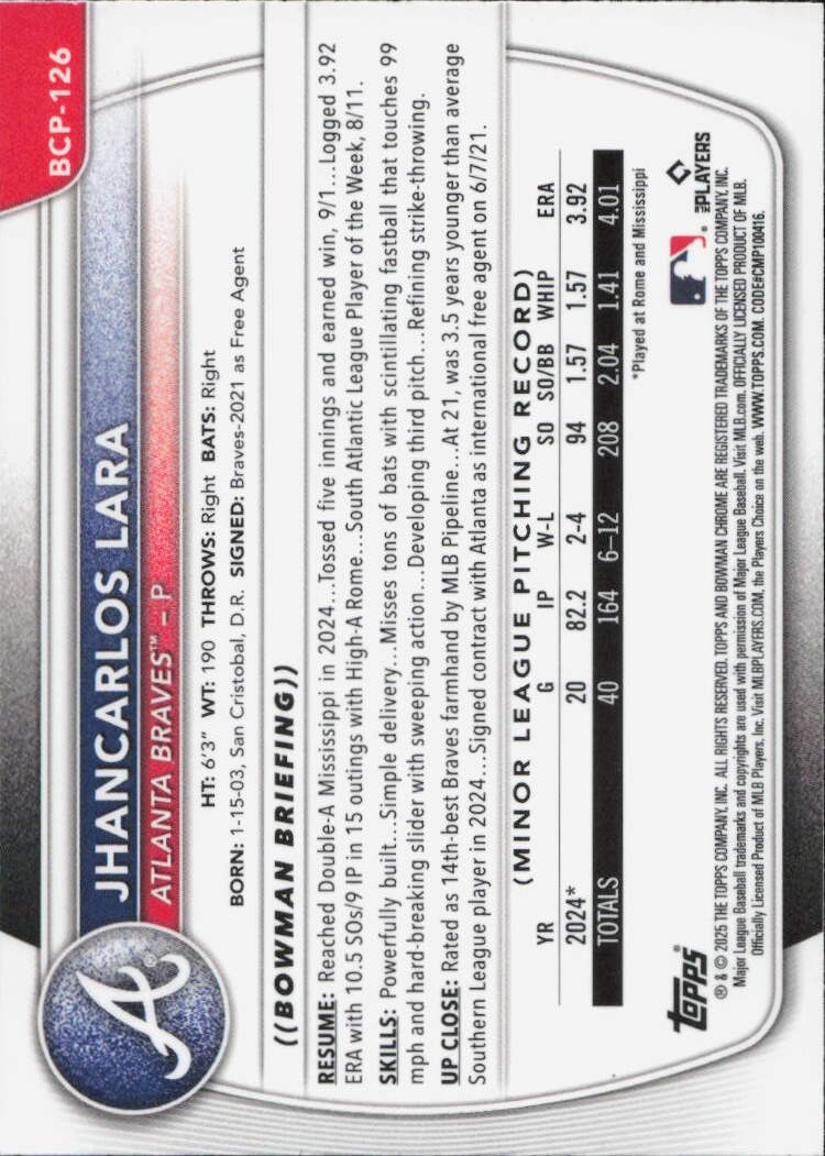 2025 Bowman #BCP-126 Jhancarlos Lara Chrome Prospects