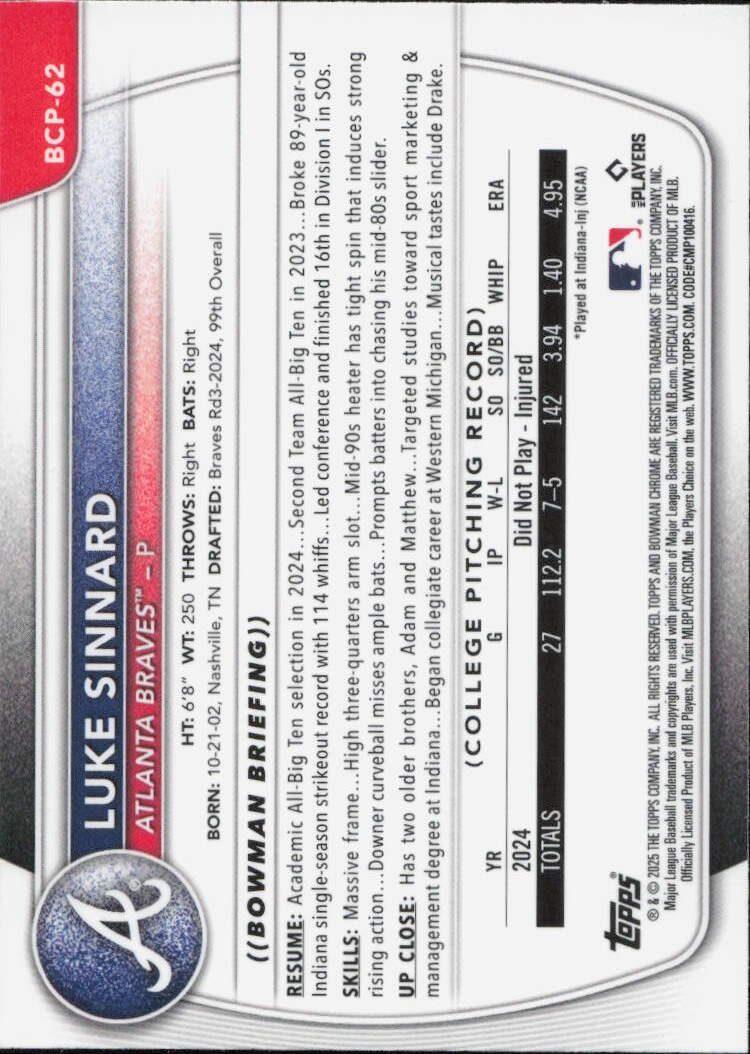 2025 Bowman #BCP-62 Luke Sinnard Chrome Prospects