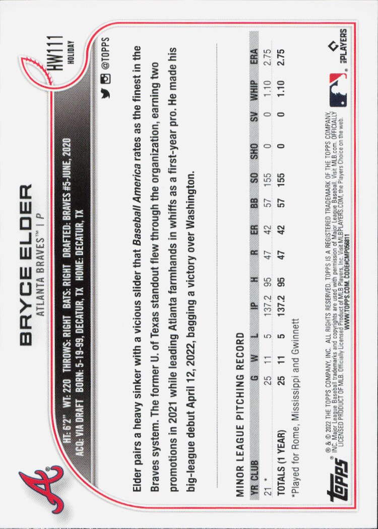 2022 Topps Holiday #HW111 Bryce Elder