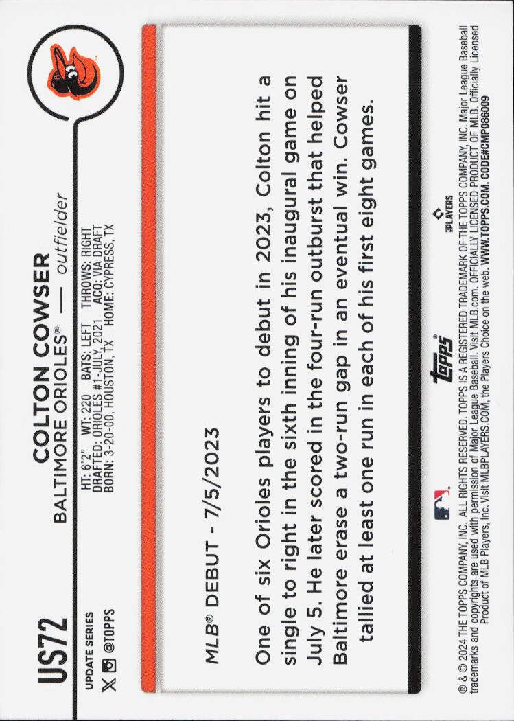 2024 Topps Update #US72 Colton Cowser