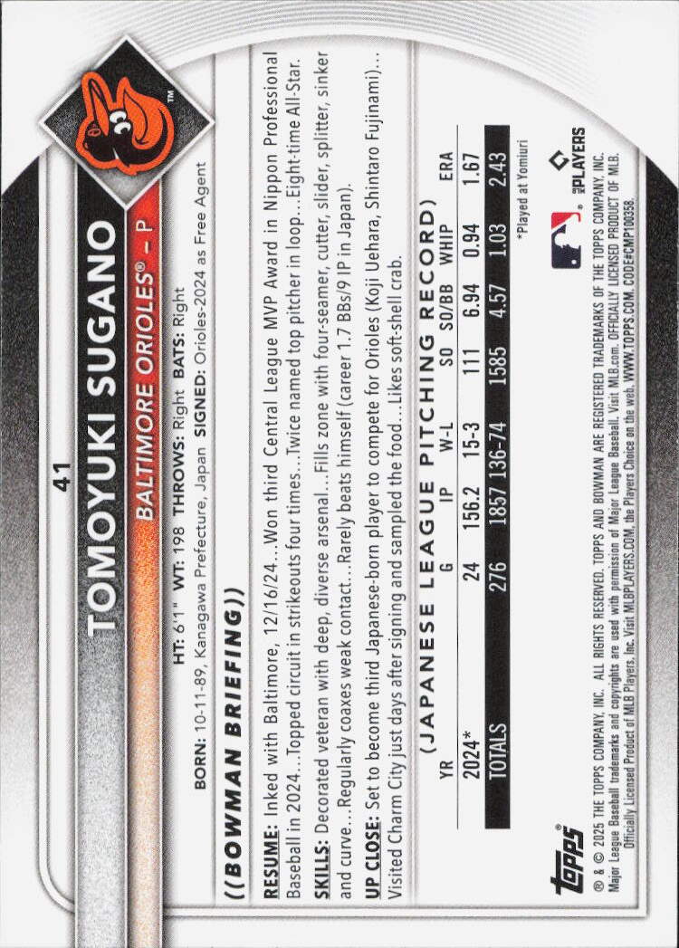 2025 Bowman #41 Tomoyuki Sugano