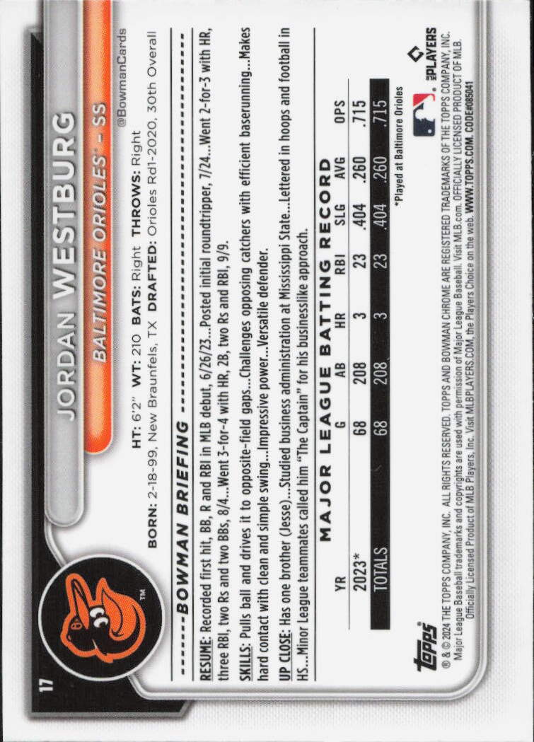 2024 Bowman Chrome #17 Jordan Westburg
