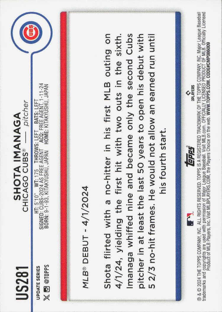 2024 Topps Update #US281 Shota Imanaga Oversized Companions
