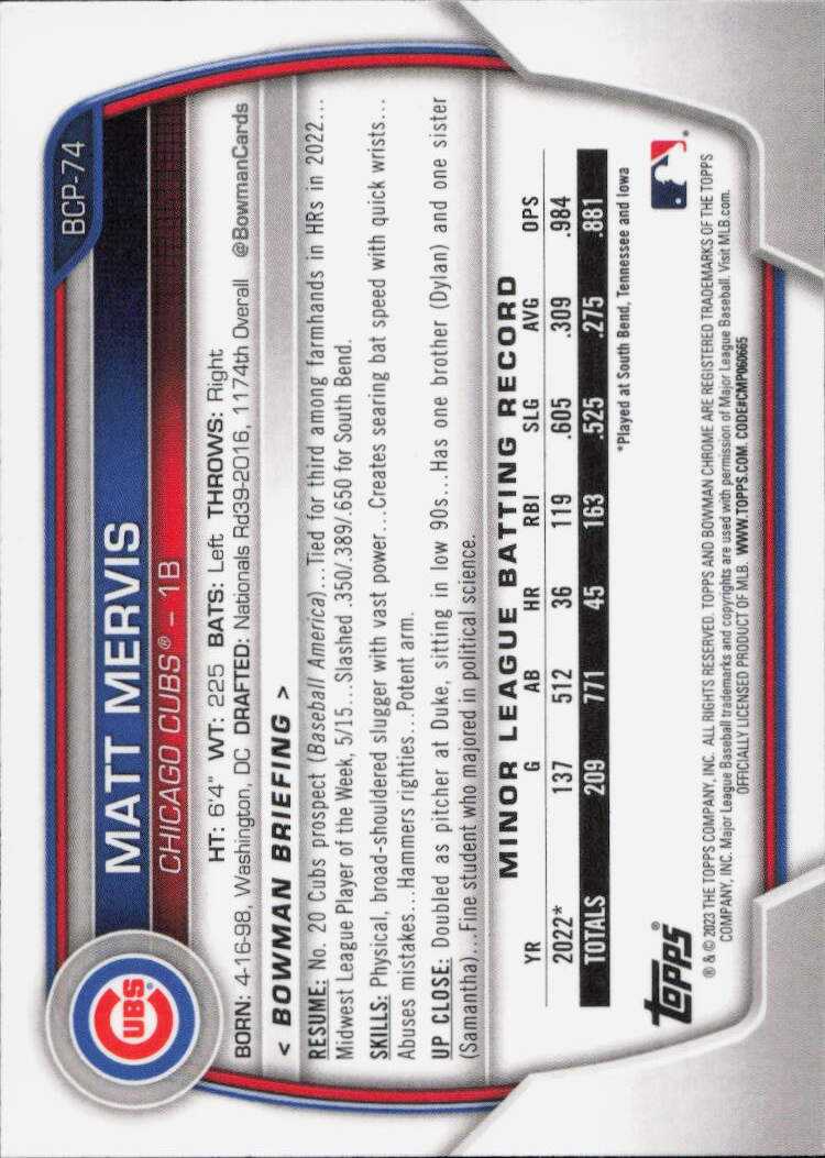 2023 Bowman #BCP-74 Matt Mervis Chrome Prospects