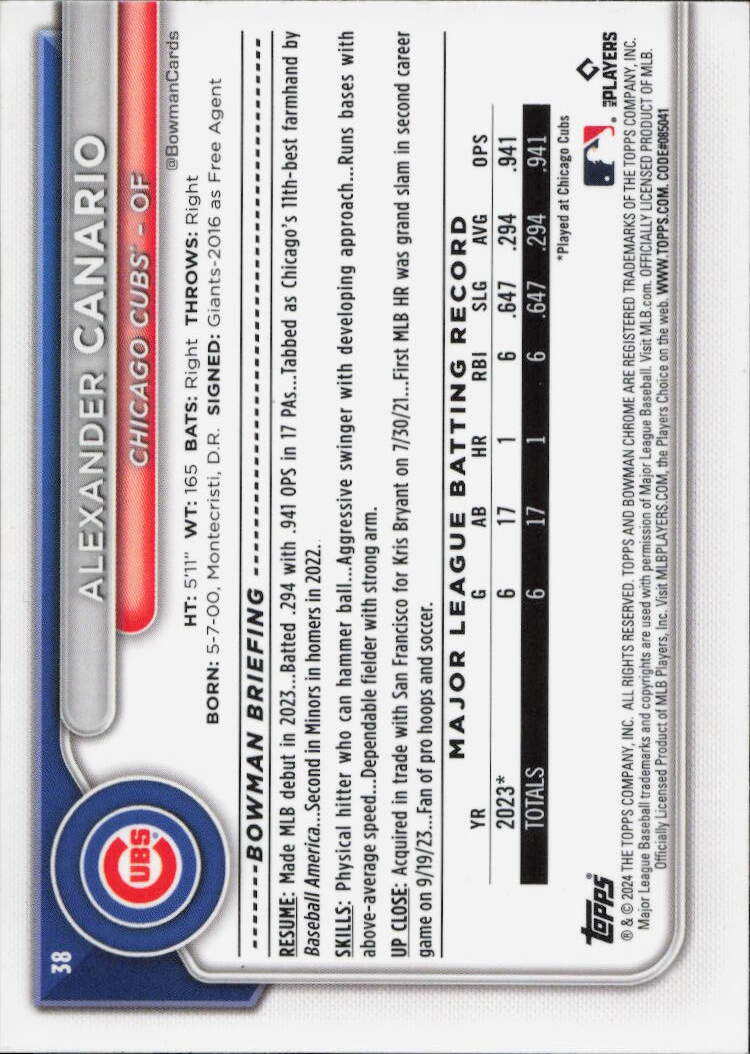 2024 Bowman Chrome #38 Alexander Canario