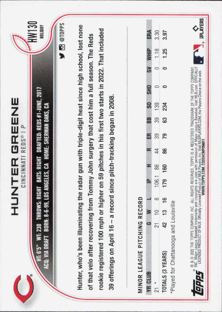 2022 Topps Holiday #HW130 Hunter Greene