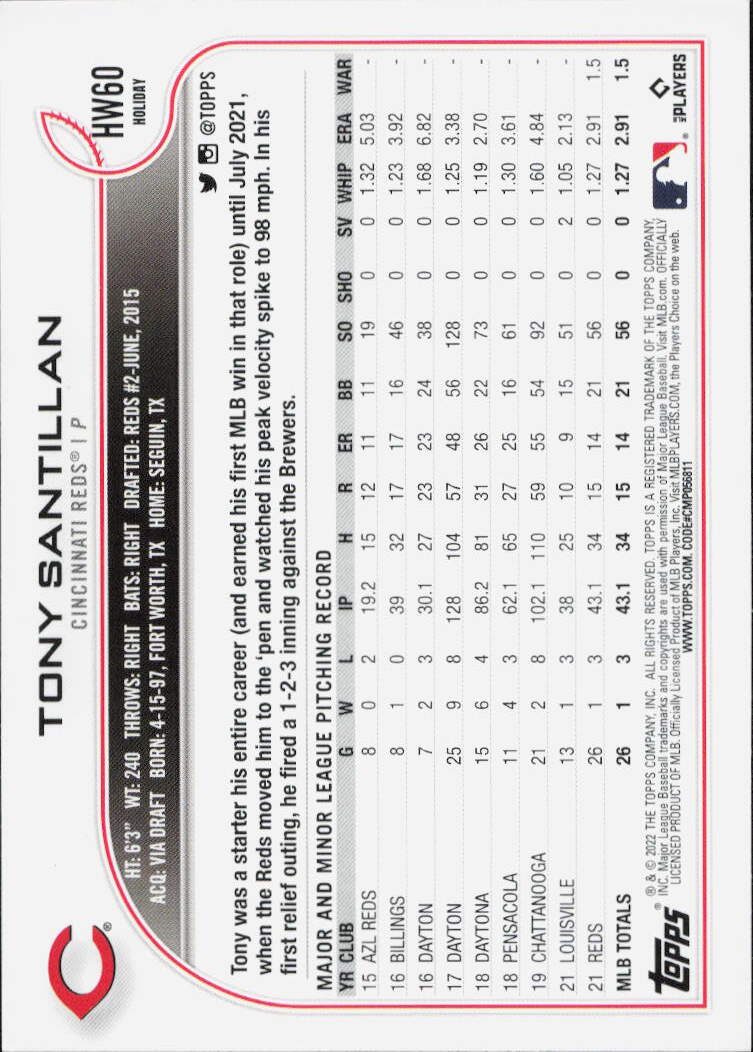 2022 Topps Holiday #HW60 Tony Santillan