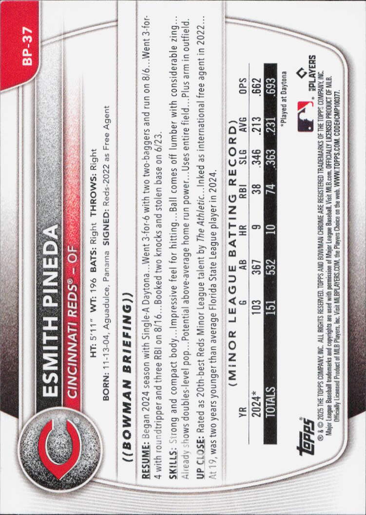 2025 Bowman #BP-37 Esmith Pineda Prospects