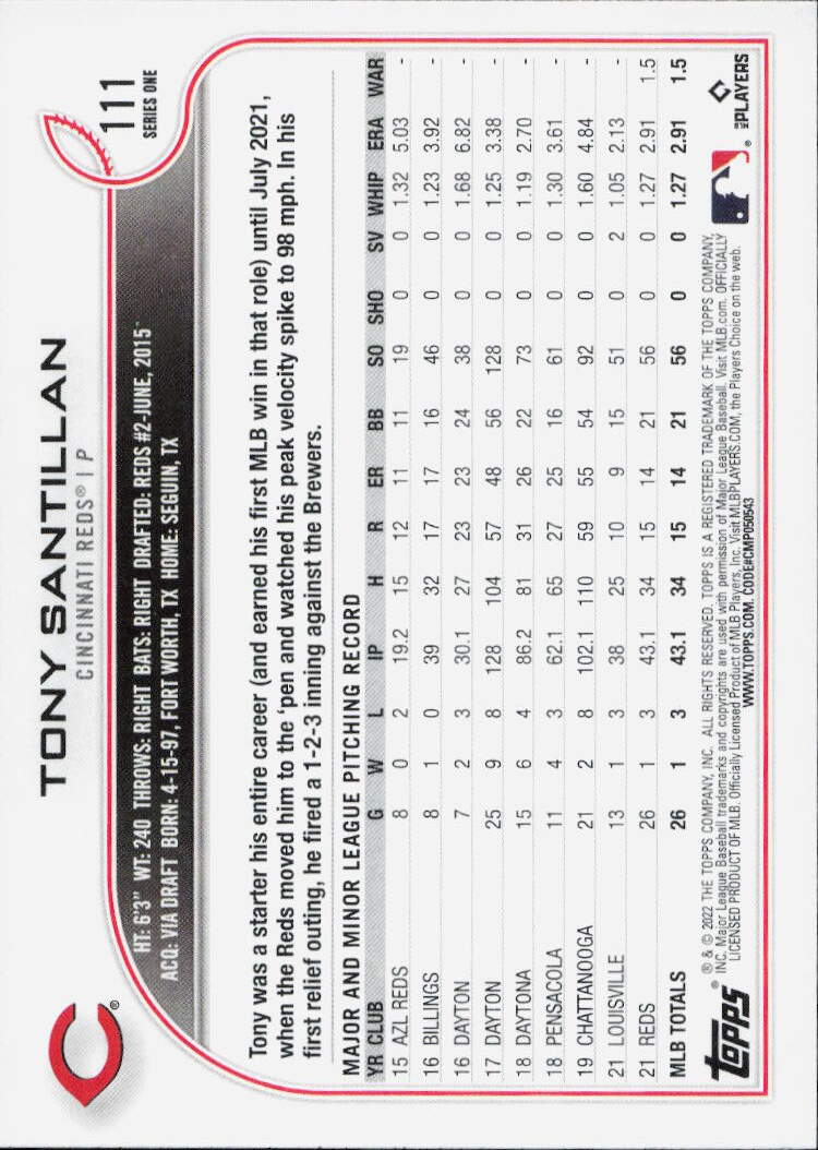 2022 Topps #111b Tony Santillan