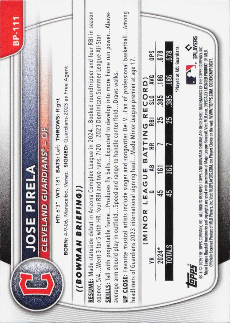 2025 Bowman #BP-111 Jose Pirela Prospects