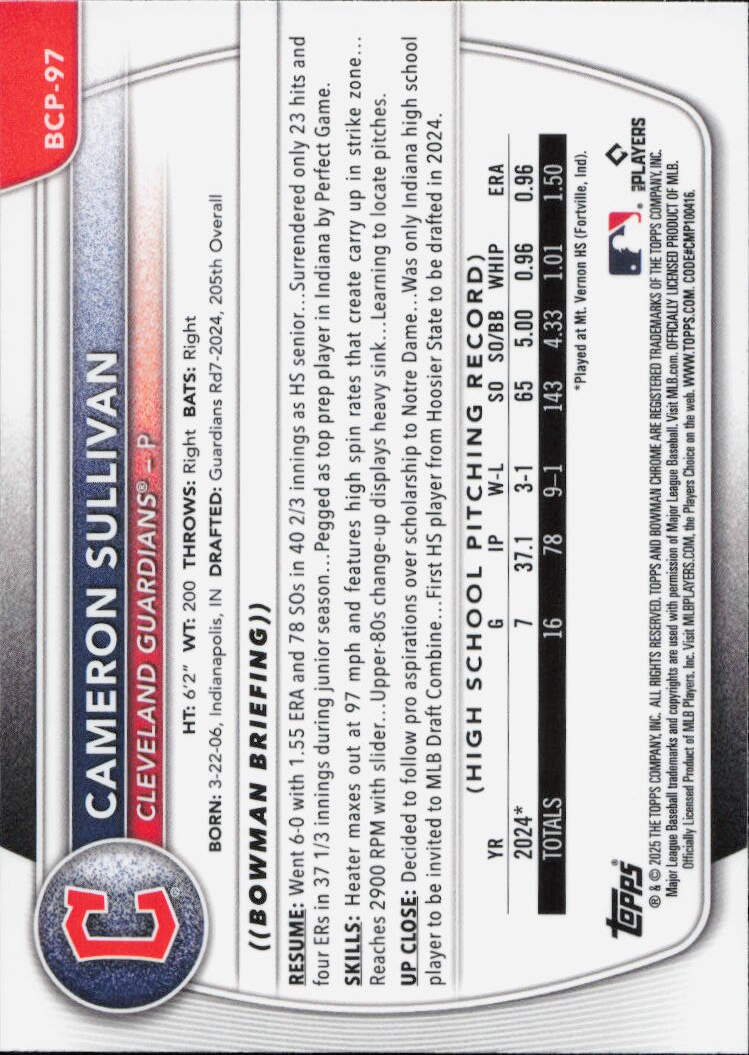 2025 Bowman #BCP-97 Cameron Sullivan Chrome Prospects