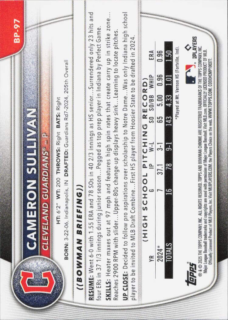2025 Bowman #BP-97 Cameron Sullivan Prospects