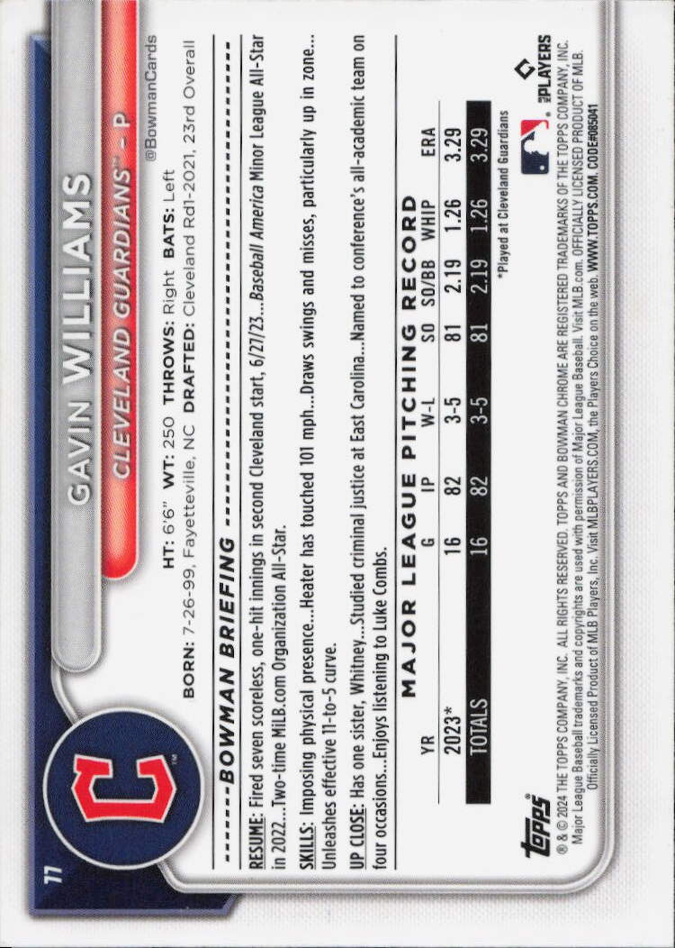 2024 Bowman Chrome #77 Gavin Williams