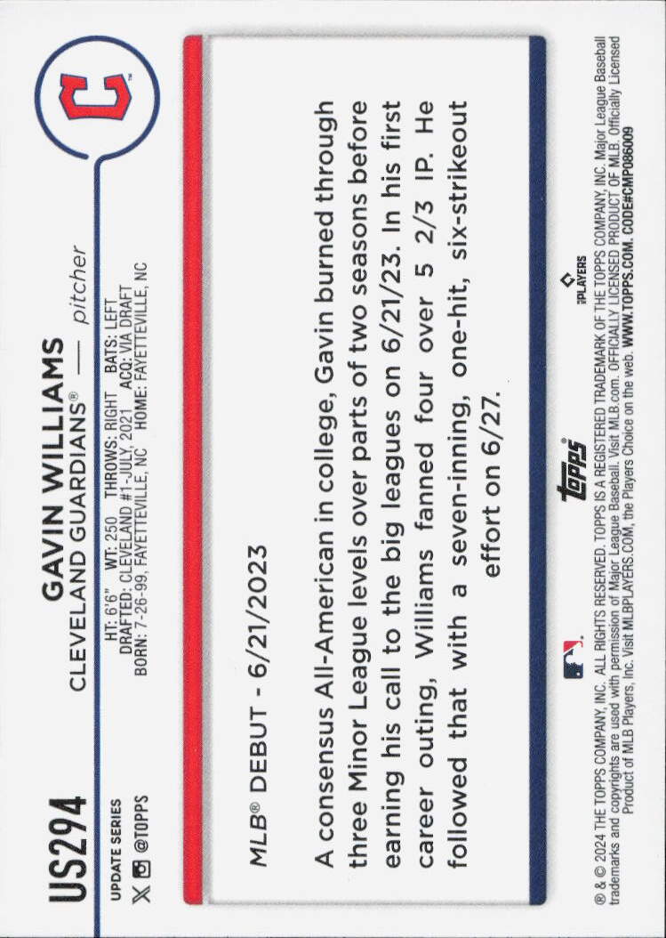 2024 Topps Update #US294 Gavin Williams