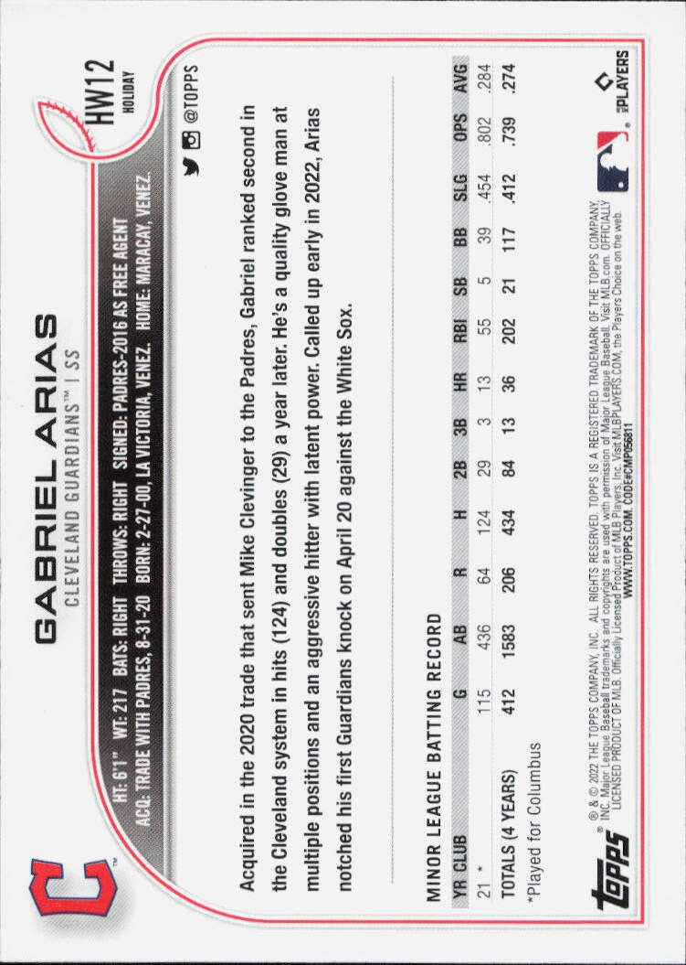 2022 Topps Holiday #HW12b Gabriel Arias