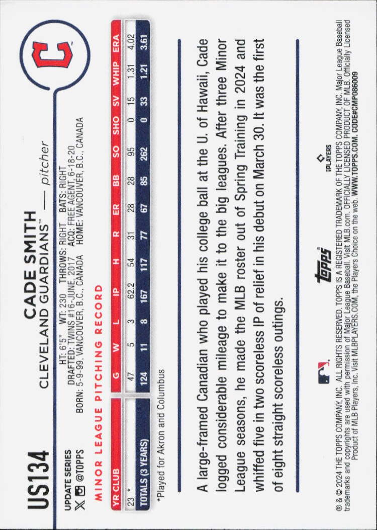 2024 Topps Update #US134 Cade Smith