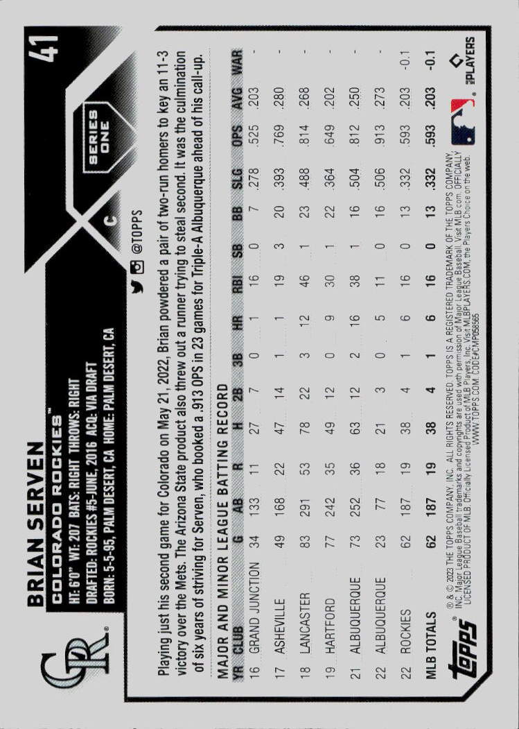 2023 Topps Colorado Rockies #COL-9 Brian Serven