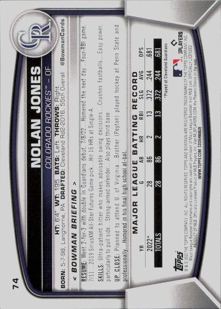 2023 Bowman #74 Nolan Jones