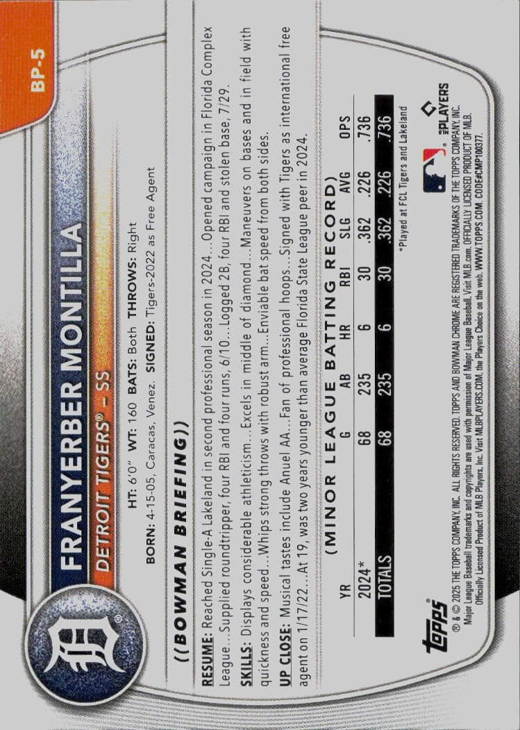 2025 Bowman #BP-5 Franyerber Montilla Prospects