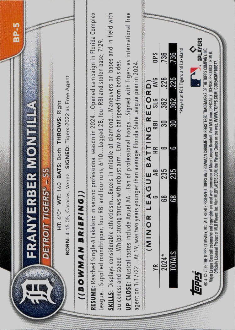 2025 Bowman #BP-5 Franyerber Montilla Prospects