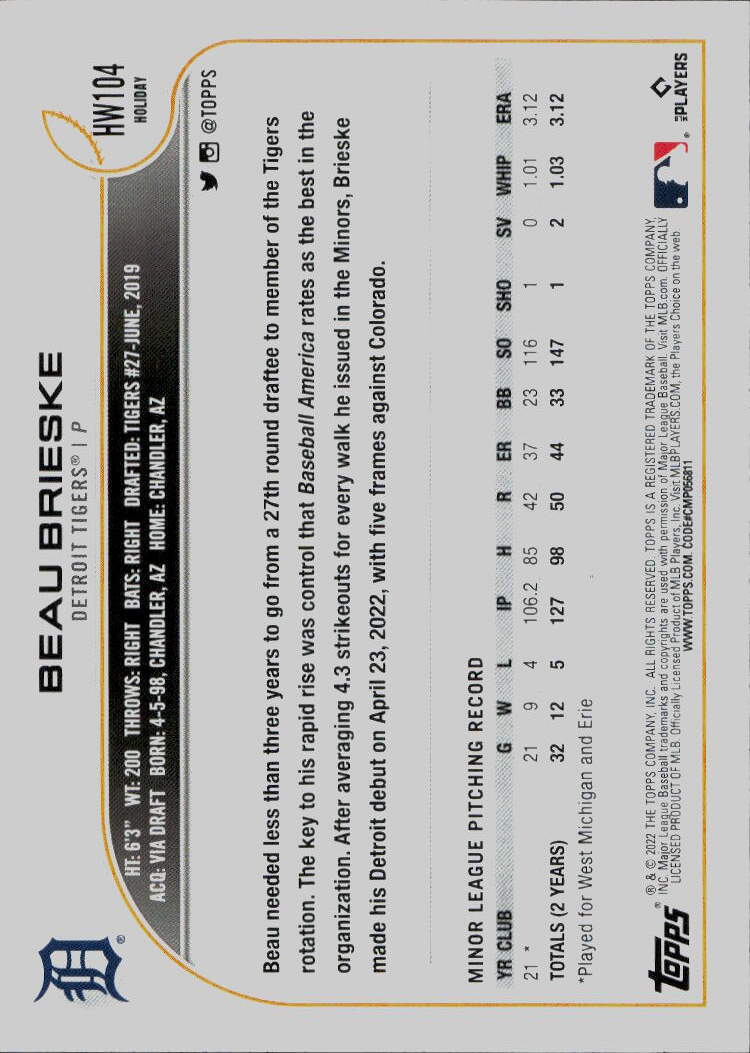 2022 Topps Holiday #HW104 Beau Brieske