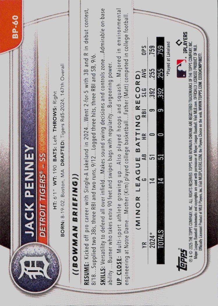 2025 Bowman #BP-60 Jack Penney Prospects