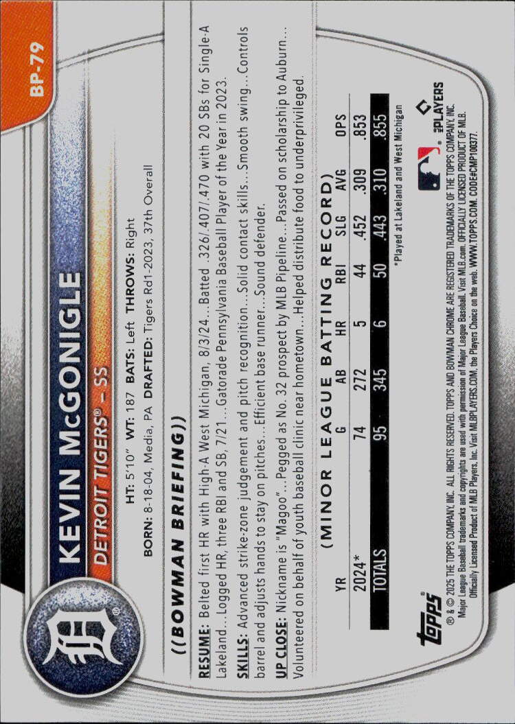 2025 Bowman #BP-79 Kevin McGonigle Prospects