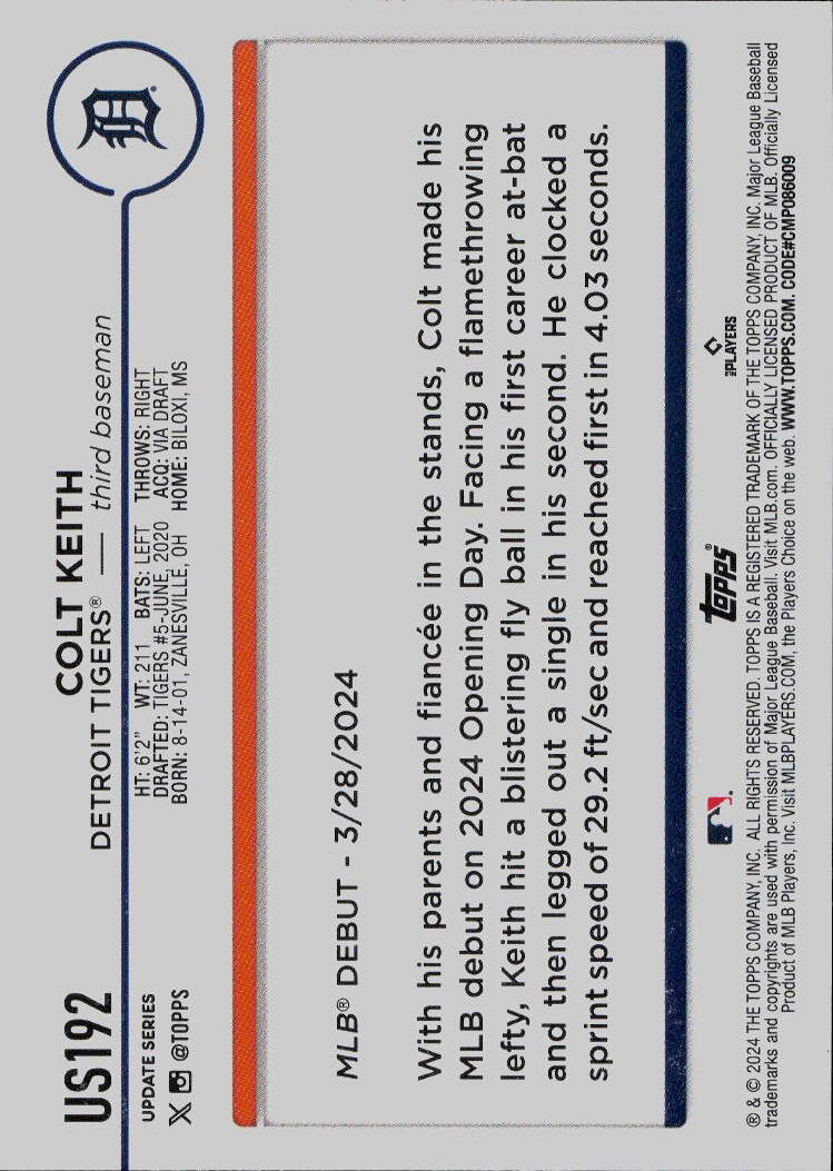 2024 Topps Update #US192 Colt Keith