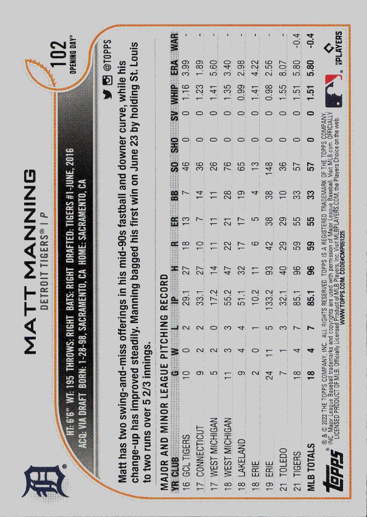 2022 Topps Opening Day #102 Matt Manning