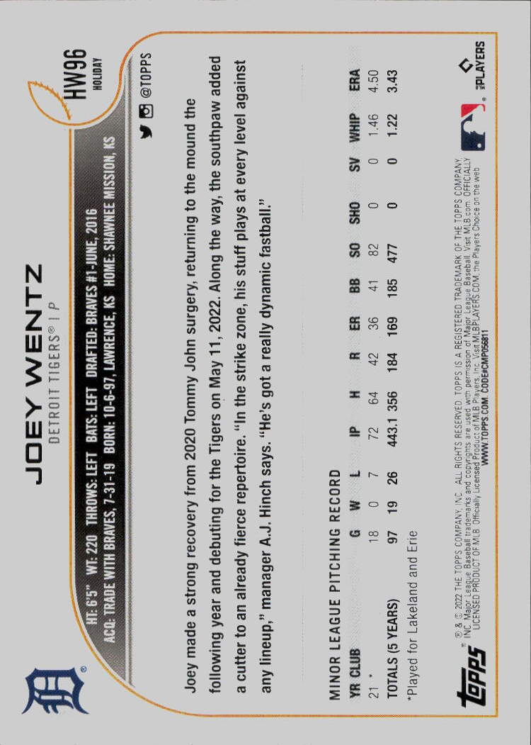 2022 Topps Holiday #HW96 Joey Wentz