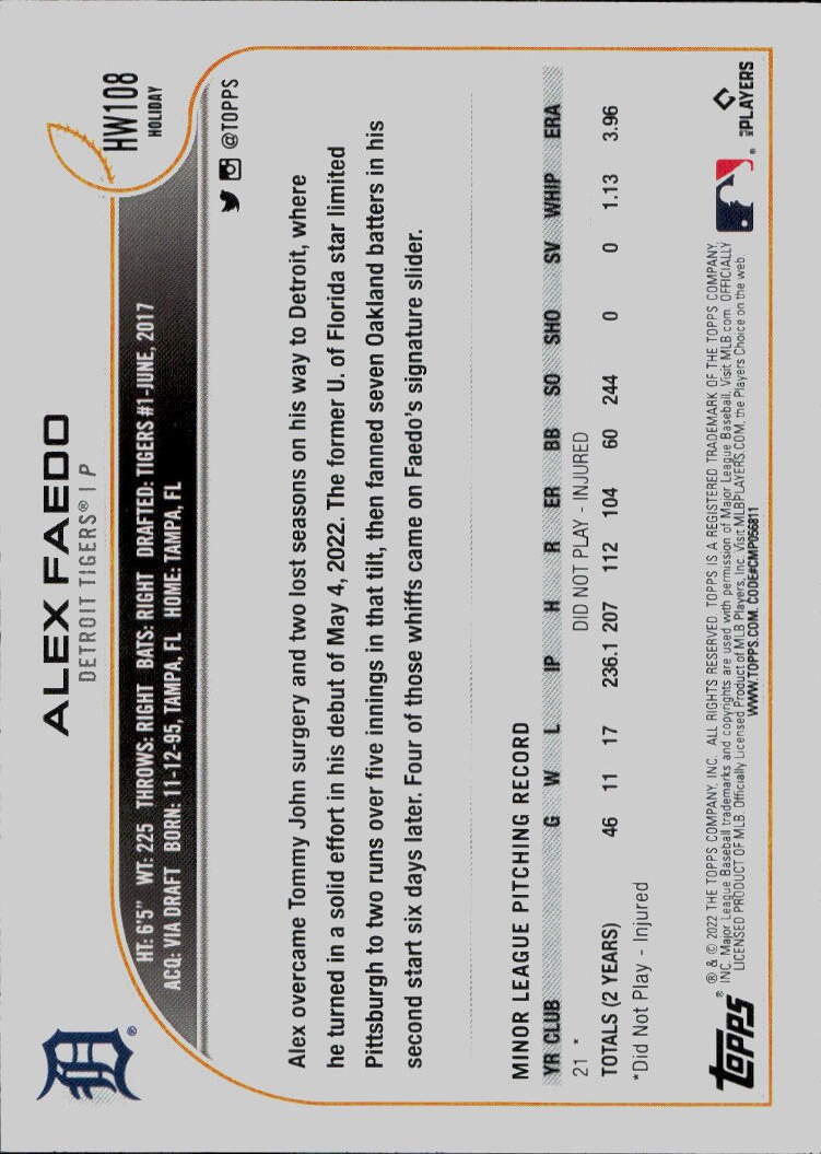 2022 Topps Holiday #HW108 Alex Faedo