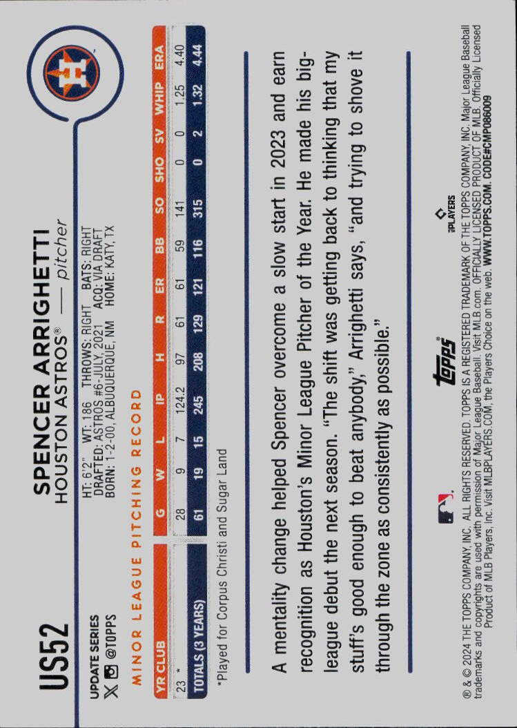 2024 Topps Update #US52 Spencer Arrighetti