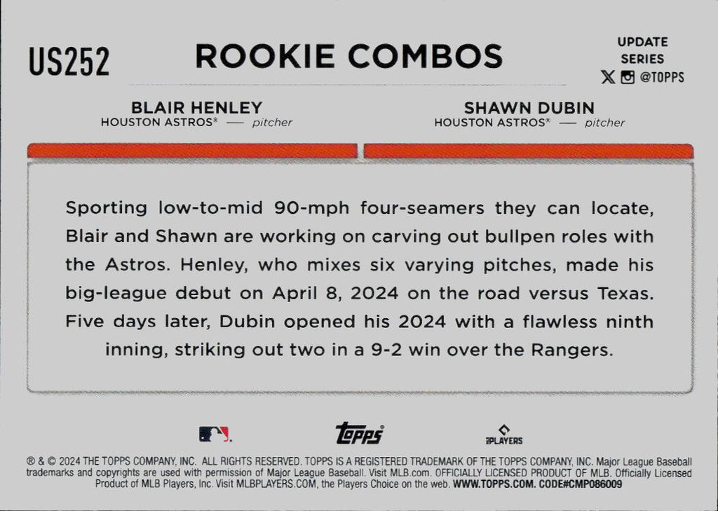 2024 Topps Update #US252 Blair Henley / Shawn Dubin RCOM,