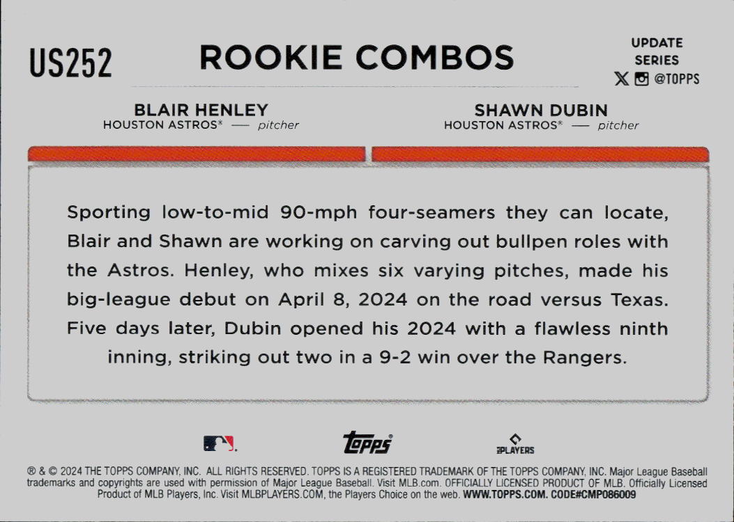 2024 Topps Update #US252 Blair Henley / Shawn Dubin RCOM,