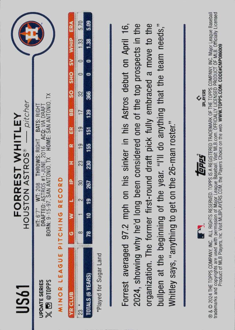 2024 Topps Update #US61 Forrest Whitley