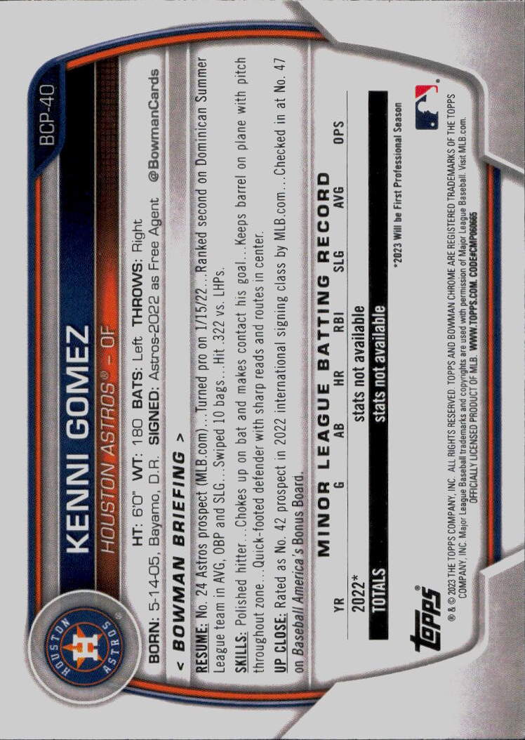 2023 Bowman #BCP-40 Kenni Gomez Chrome Prospects