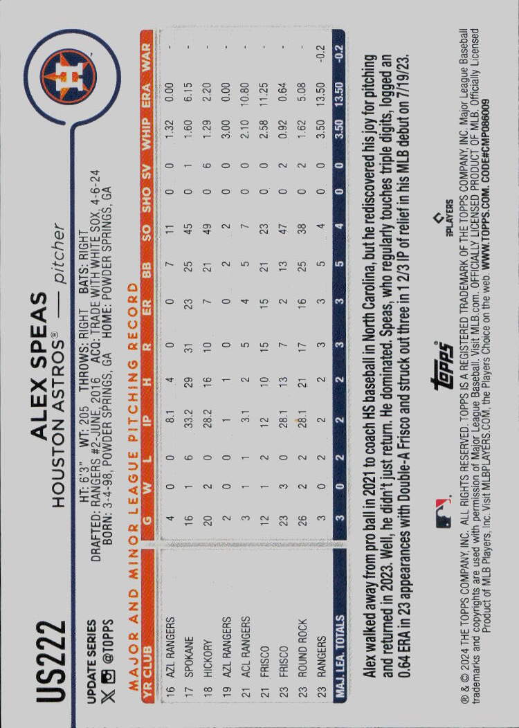 2024 Topps Update #US222 Alex Speas