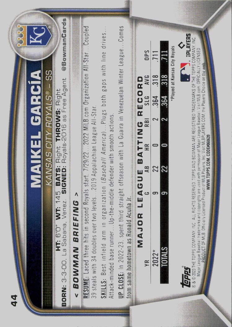2023 Bowman #44 Maikel Garcia