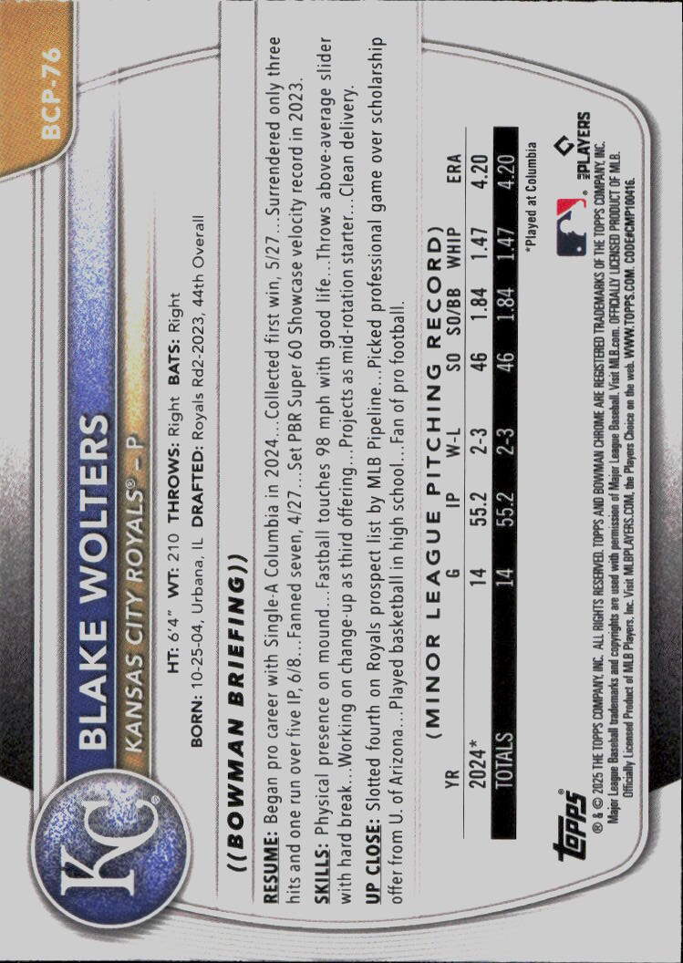 2025 Bowman #BCP-76 Blake Wolters Chrome Prospects