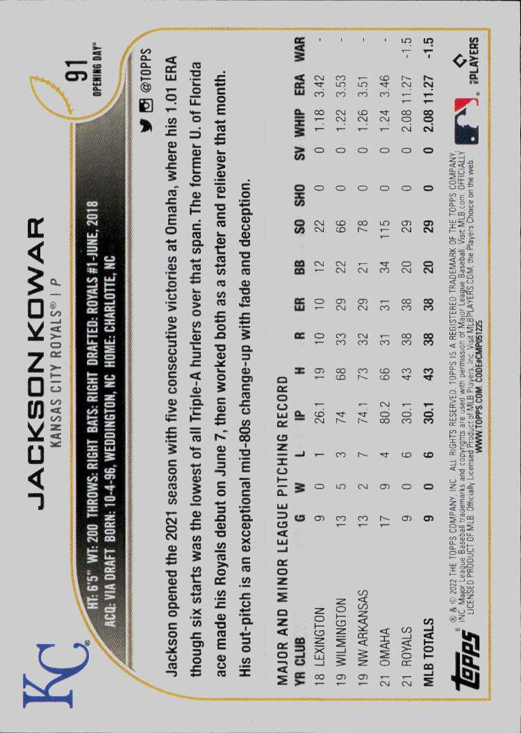 2022 Topps Opening Day #91 Jackson Kowar