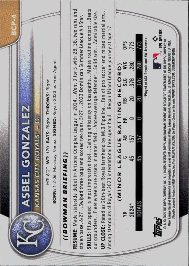 2025 Bowman #BCP-4 Asbel Gonzalez Chrome Prospects