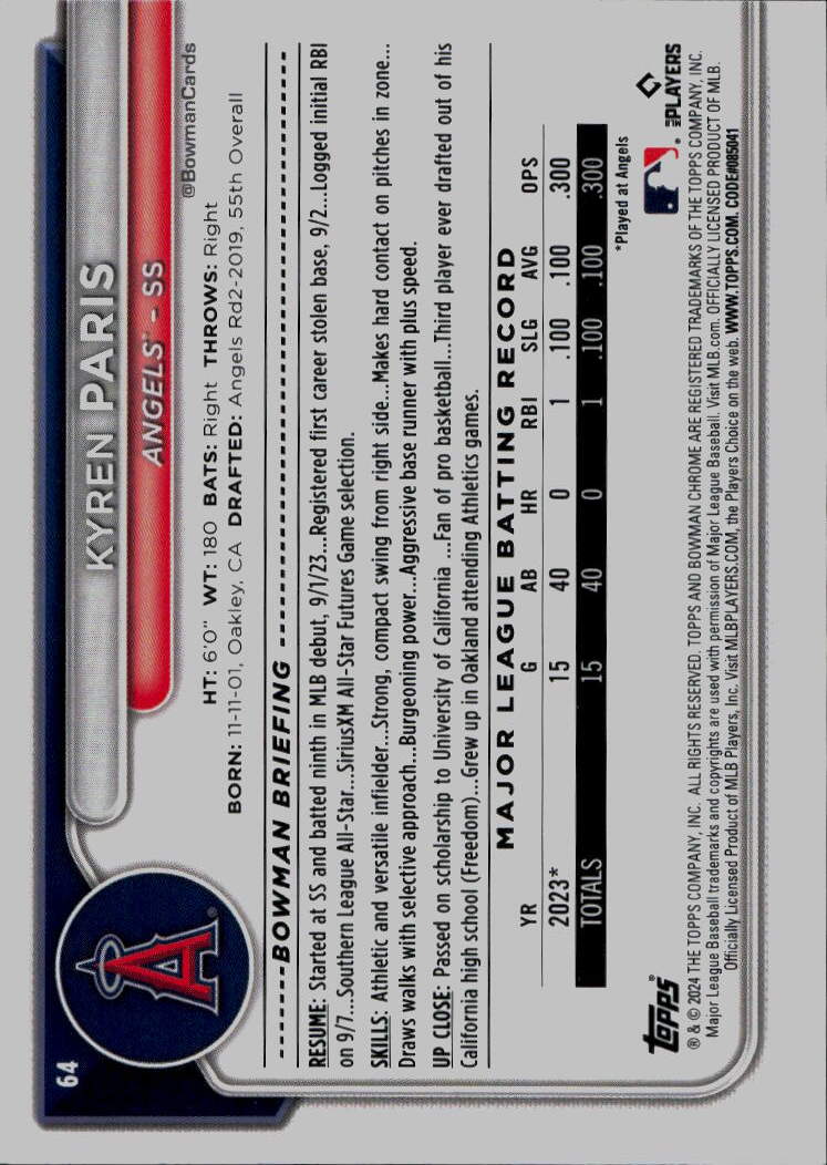 2024 Bowman Chrome #64 Kyren Paris