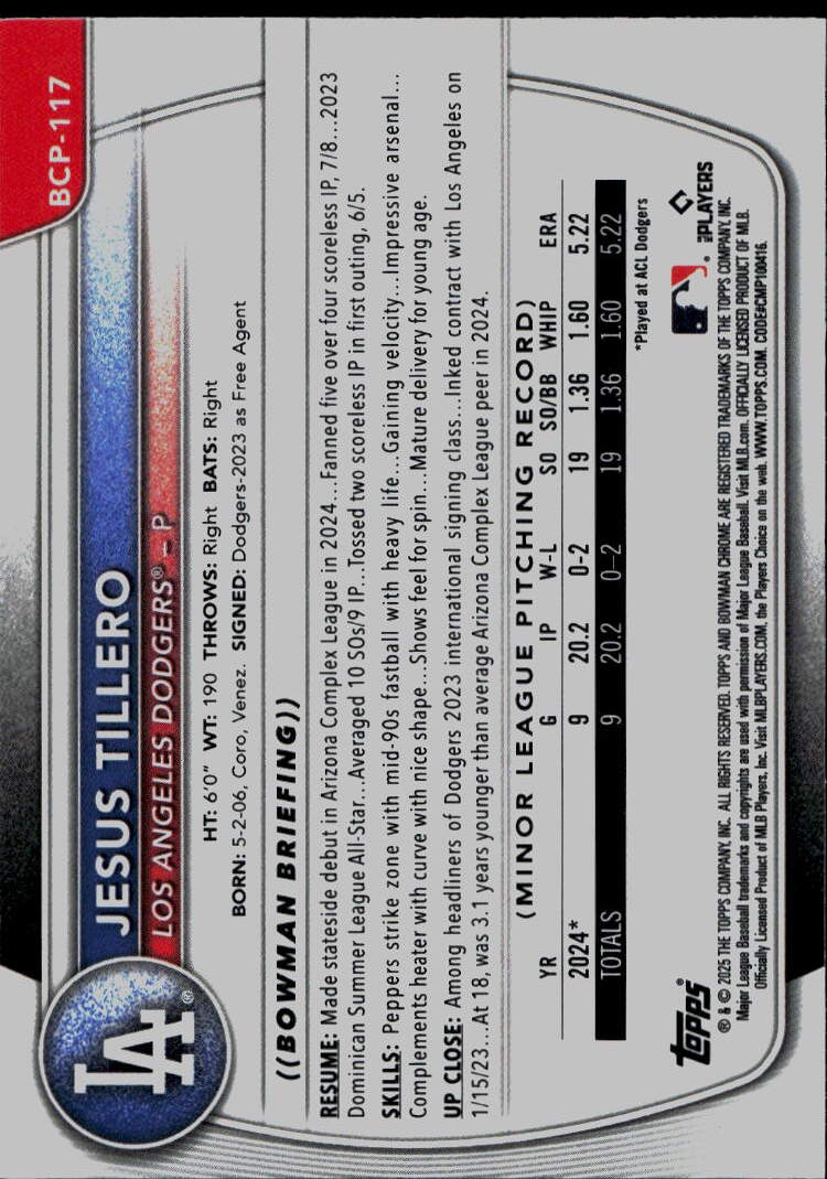 2025 Bowman #BCP-117 Jesus Tillero Chrome Prospects