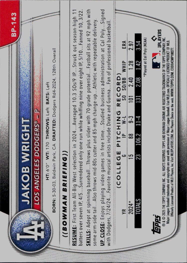 2025 Bowman #BP-143 Jakob Wright Prospects
